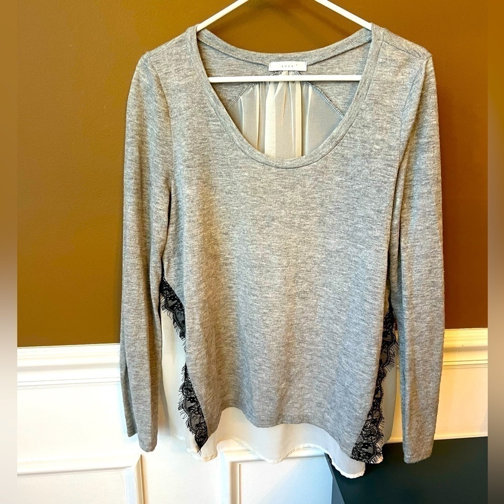 LUSH Womens Grey Sweater with Sheer back and Lace trim Size Large Business